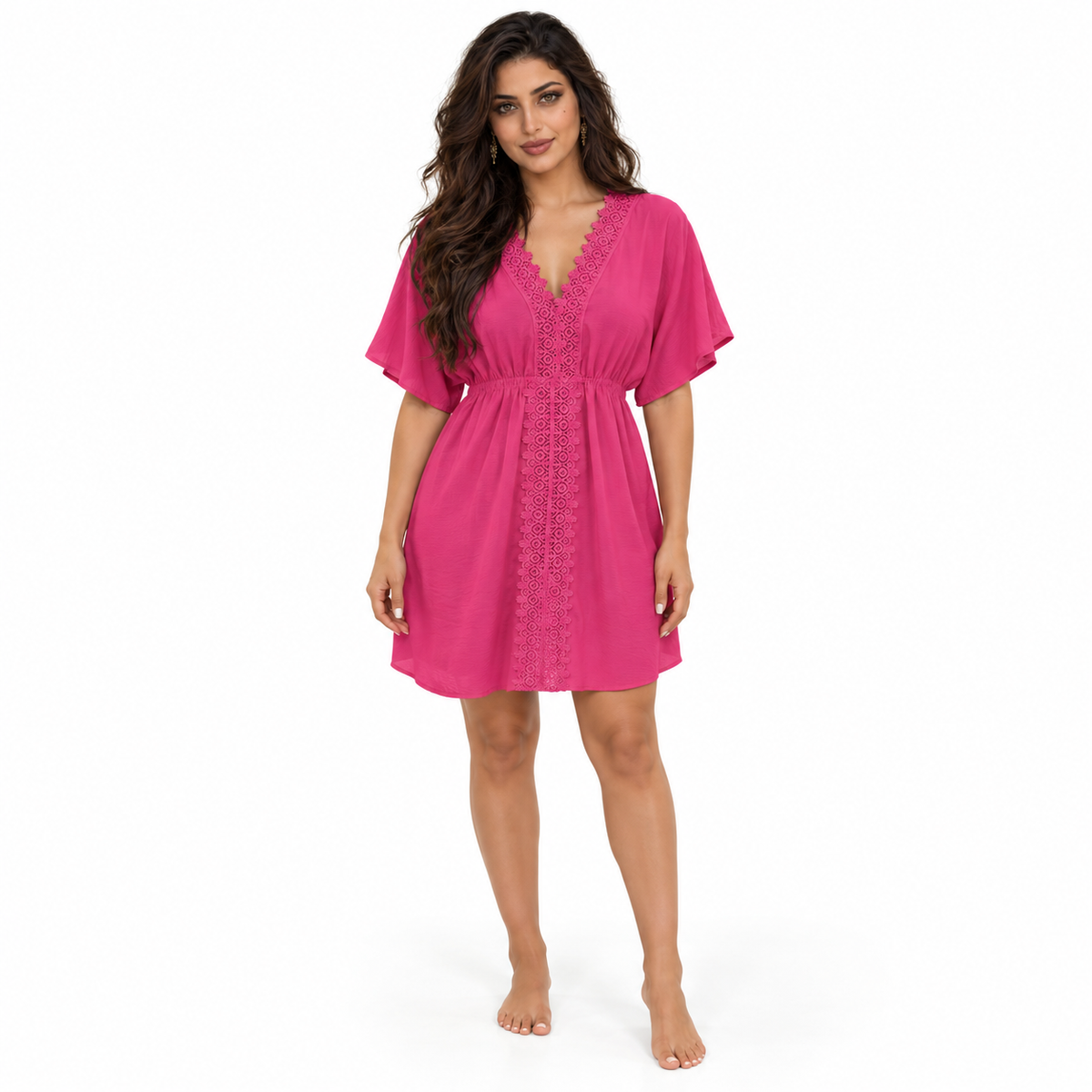 Hot Pink Lace Gathered Beach Kaftan