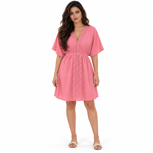 Pink Lace Trim Gathered Beach Kaftan