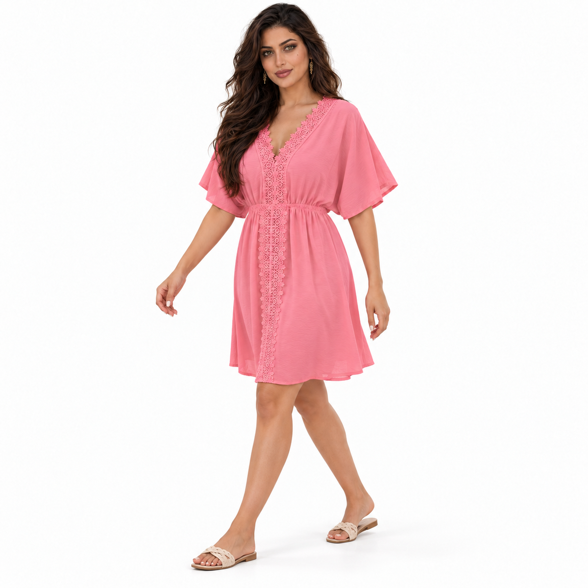 Pink Lace Trim Gathered Beach Kaftan