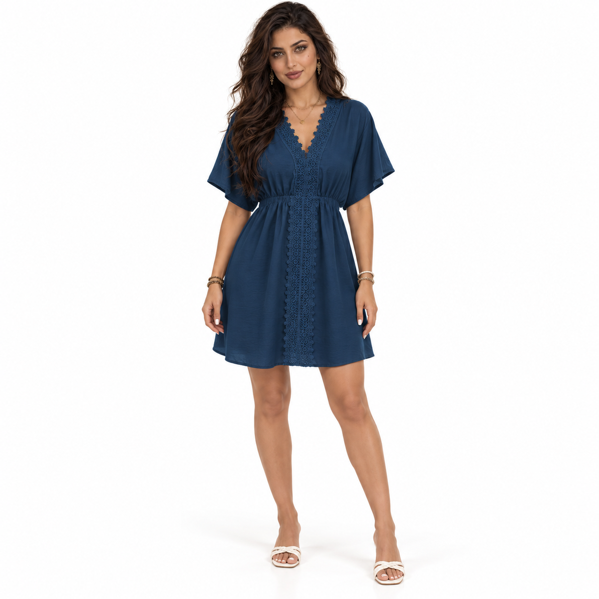 Navy Lace Trim Short Beach Kaftan