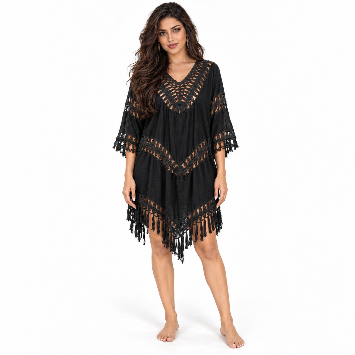 Black Crochet Fringe Relaxed Beach Kaftan