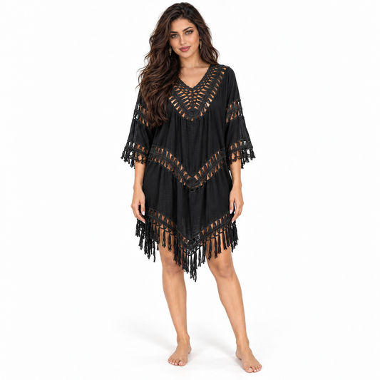 Black Crochet Fringe Relaxed Beach Kaftan
