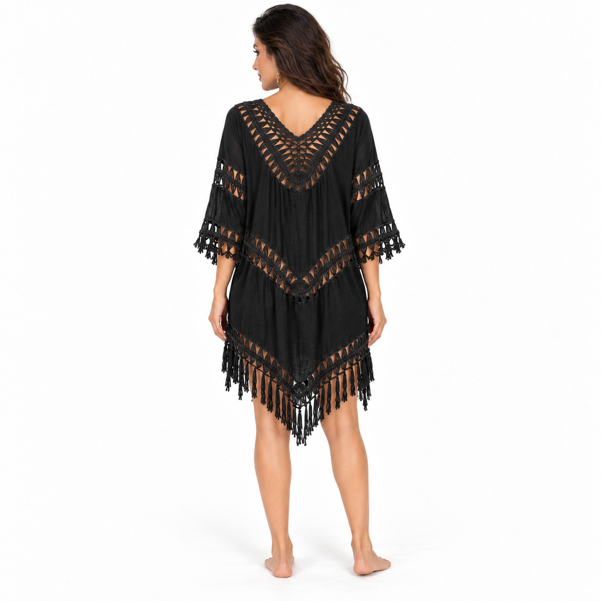 Black Crochet Fringe Relaxed Beach Kaftan