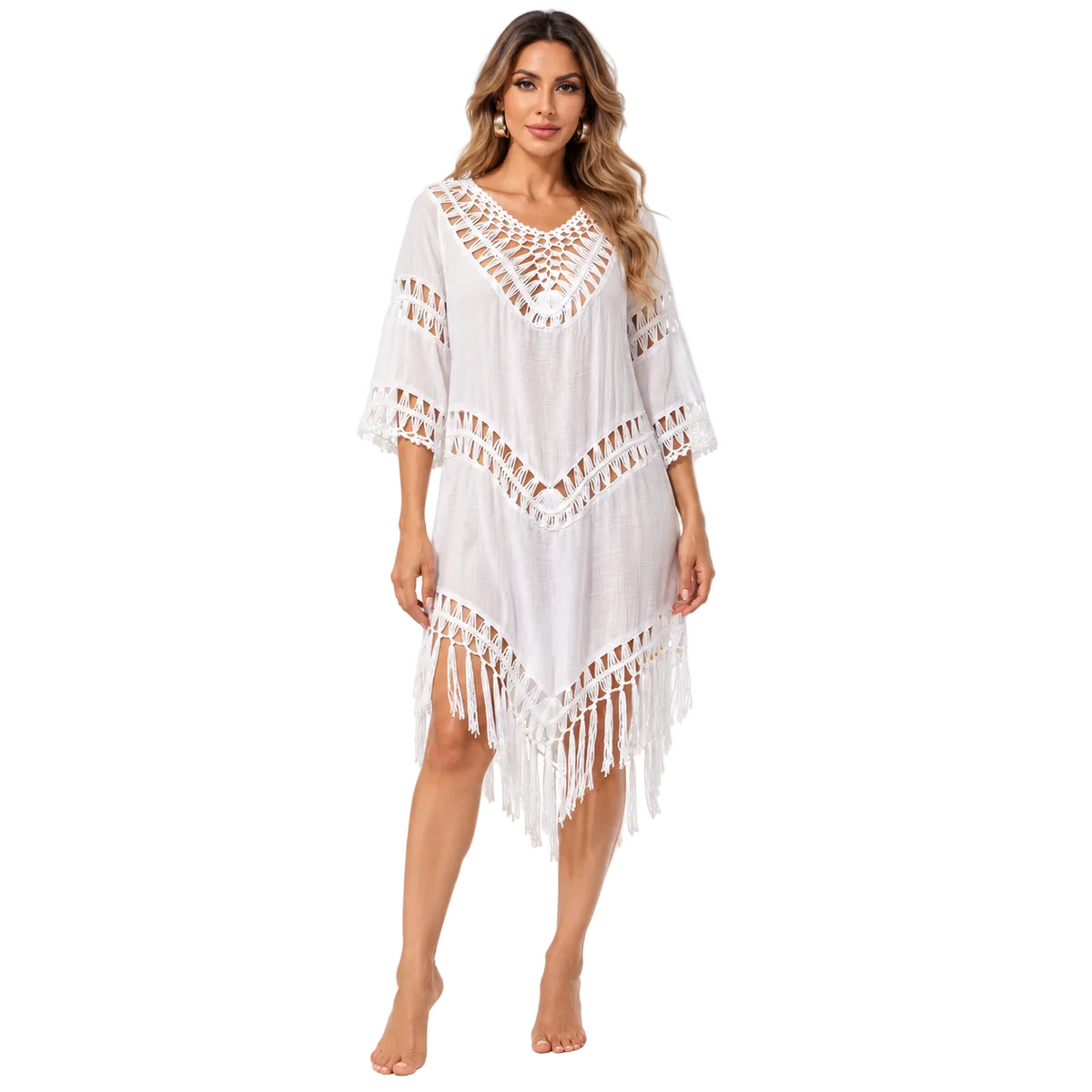 White Crochet Fringe Beach Cover Kaftan