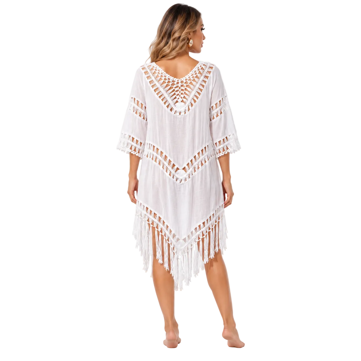 White Crochet Fringe Beach Cover Kaftan
