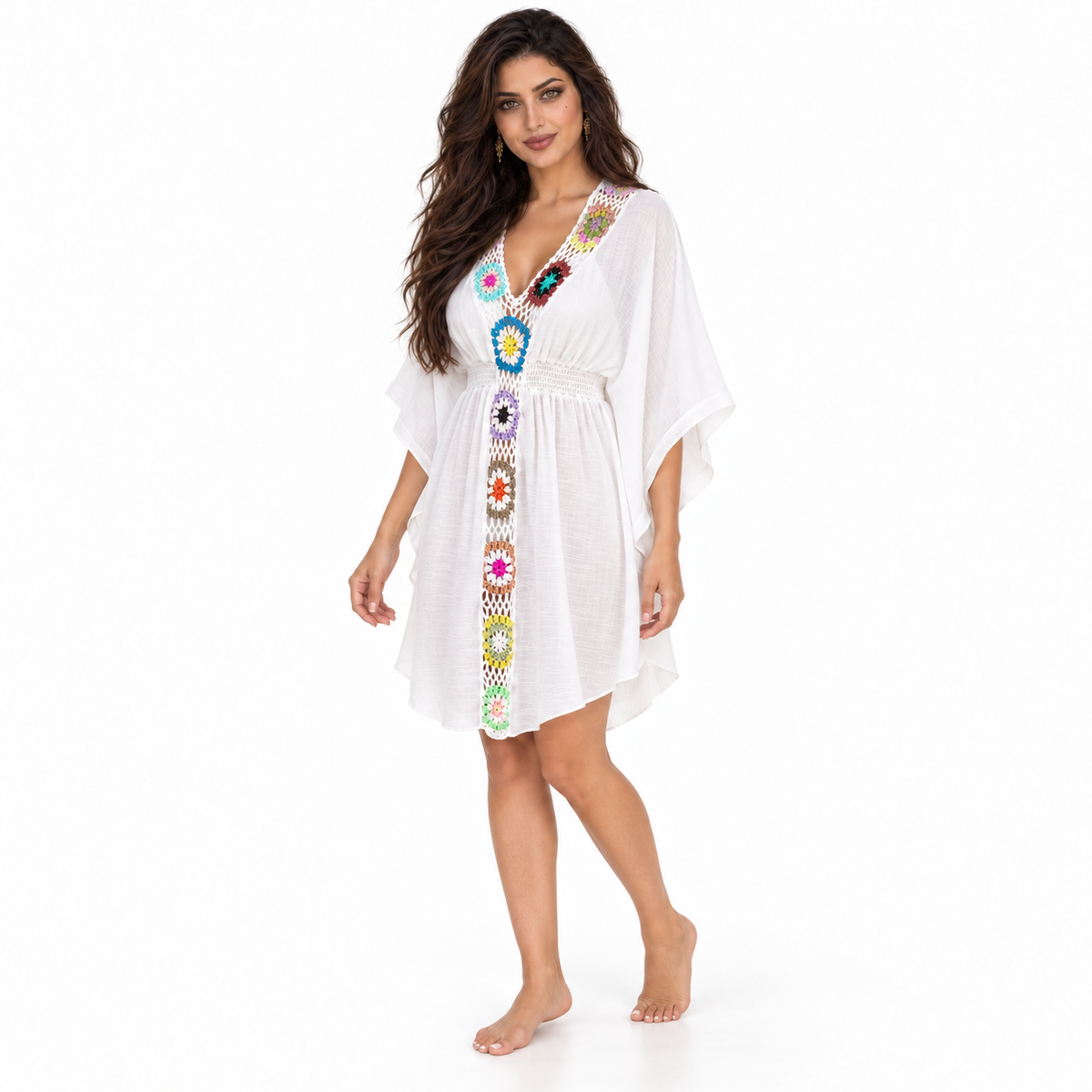 White Crochet Floral Trim Beach Kaftan