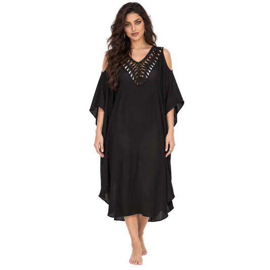 Black Crochet Cold Shoulder Beach Kaftan