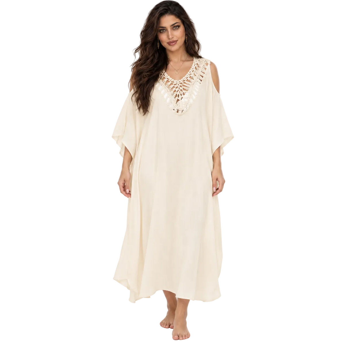 Beige Crochet Cold Shoulder Beach Kaftan