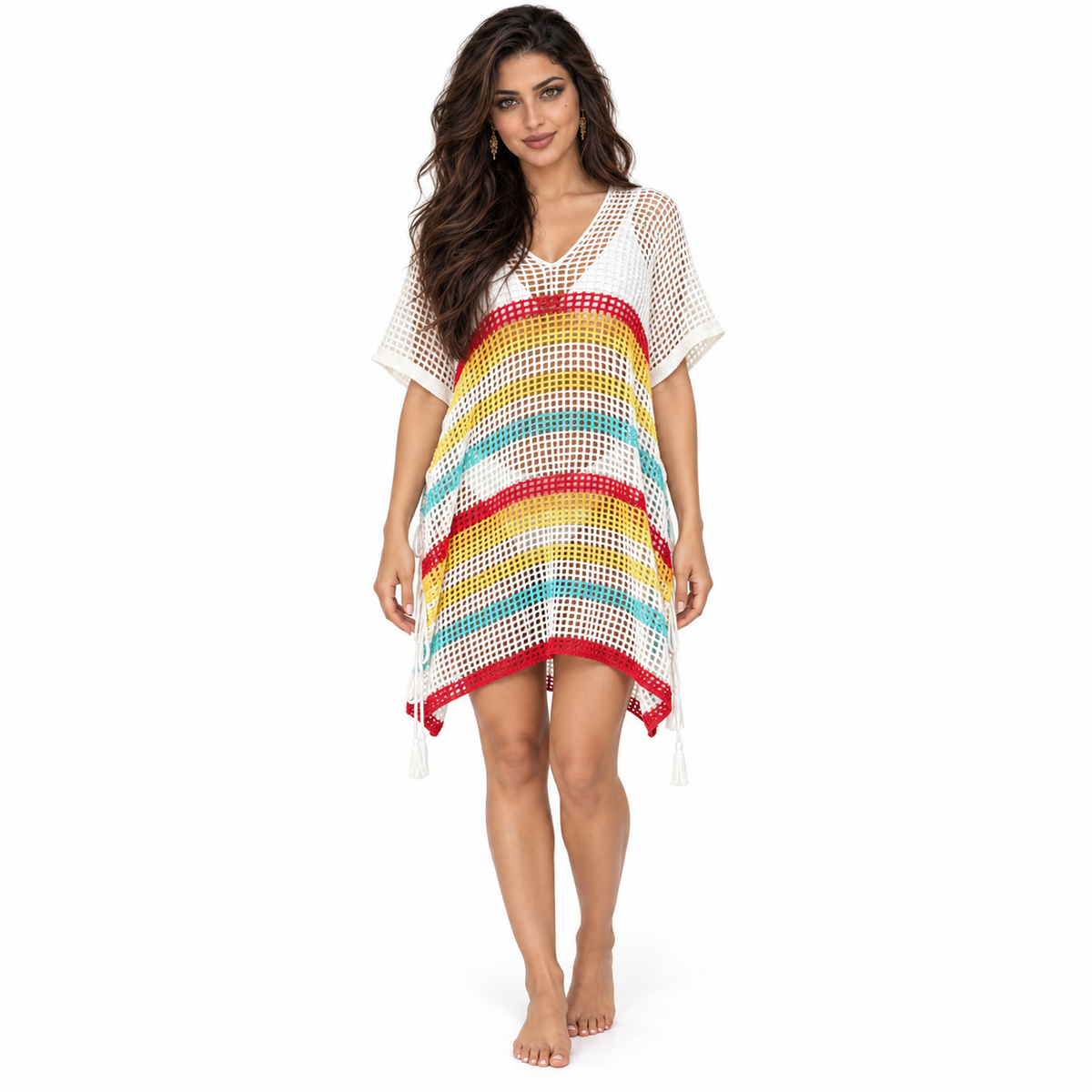 White Multicolor Crochet Stripe Beach Kaftan