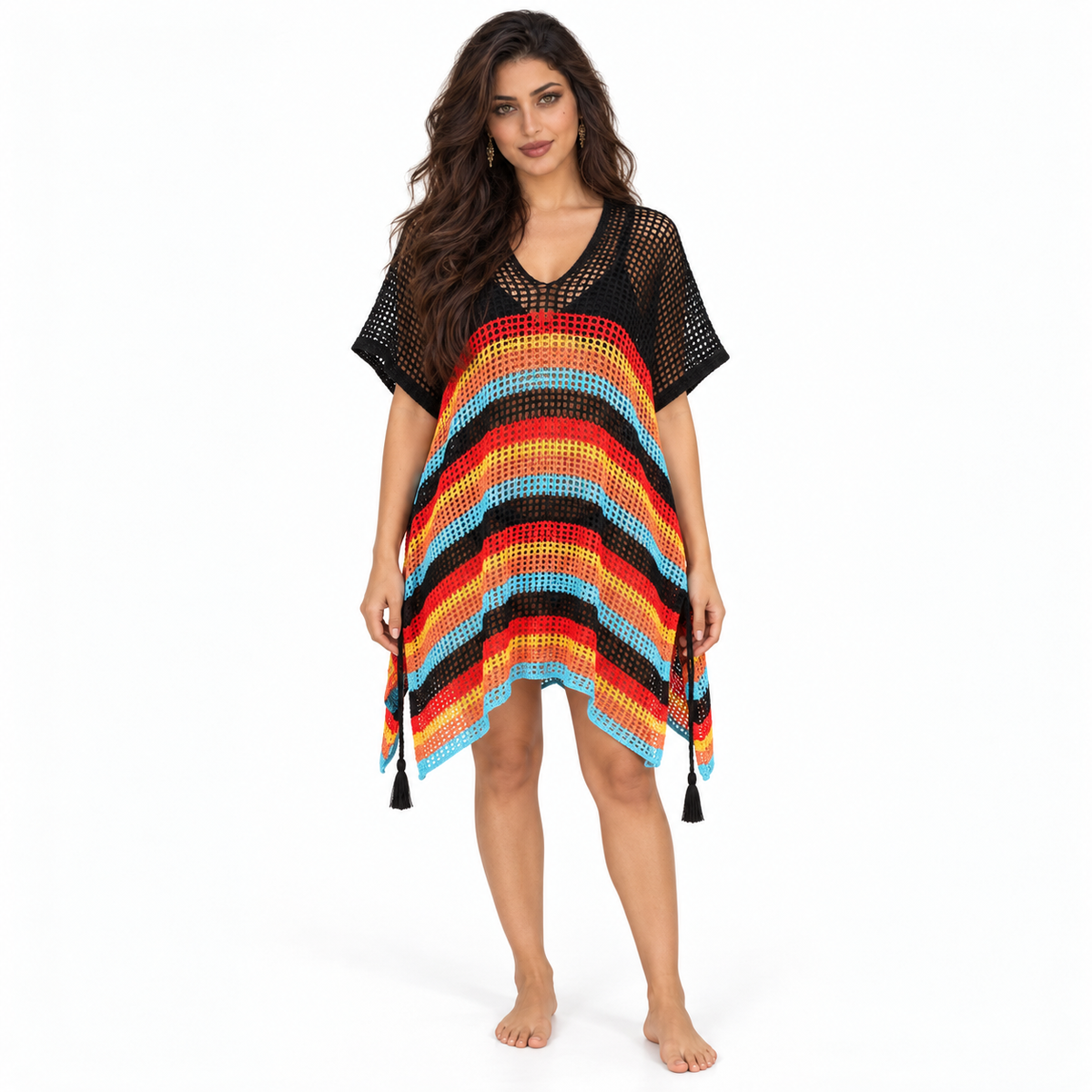 Black Multicolor Crochet Stripe Beach Kaftan