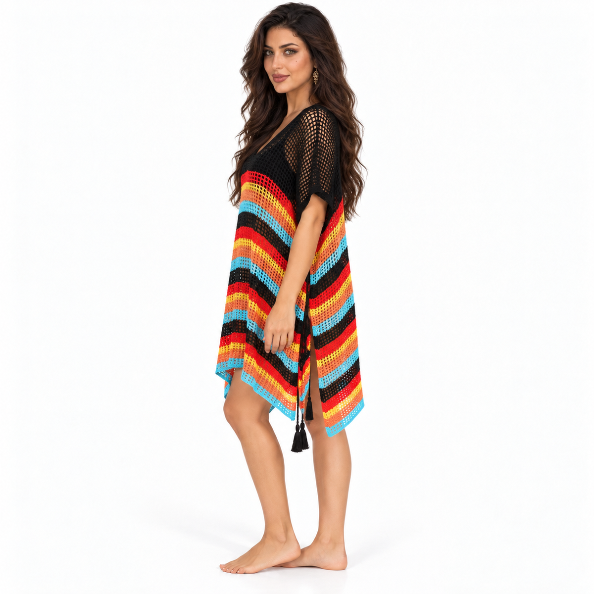 Black Multicolor Crochet Stripe Beach Kaftan