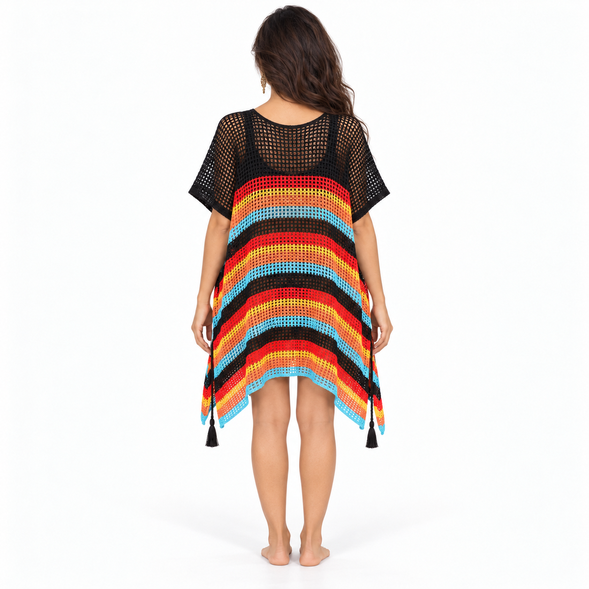 Black Multicolor Crochet Stripe Beach Kaftan