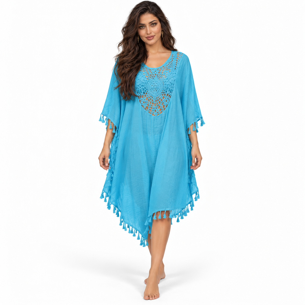 Blue Crochet Tassel Relaxed Beach Kaftan