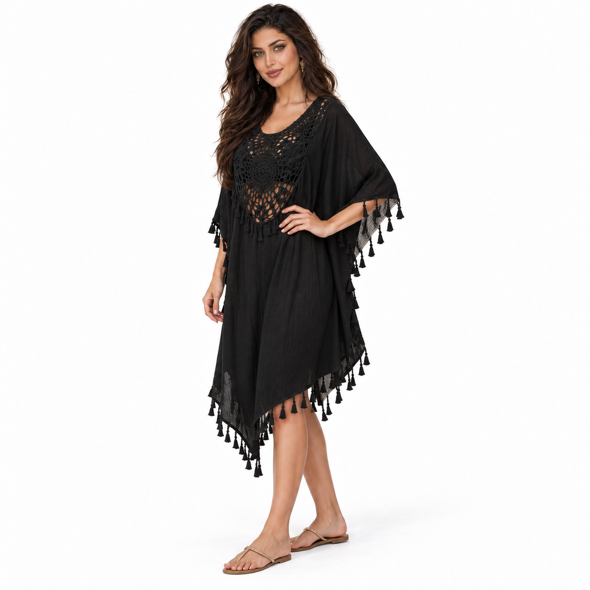 Black Crochet Tassel Relaxed Beach Kaftan