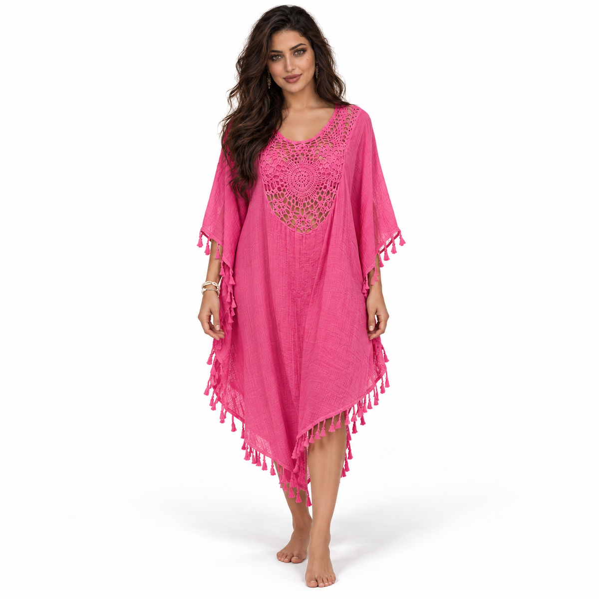 Rose Red Crochet Tassel Beach Kaftan