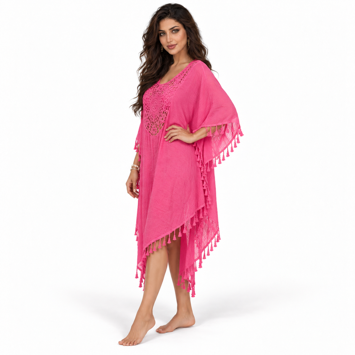 Rose Red Crochet Tassel Beach Kaftan