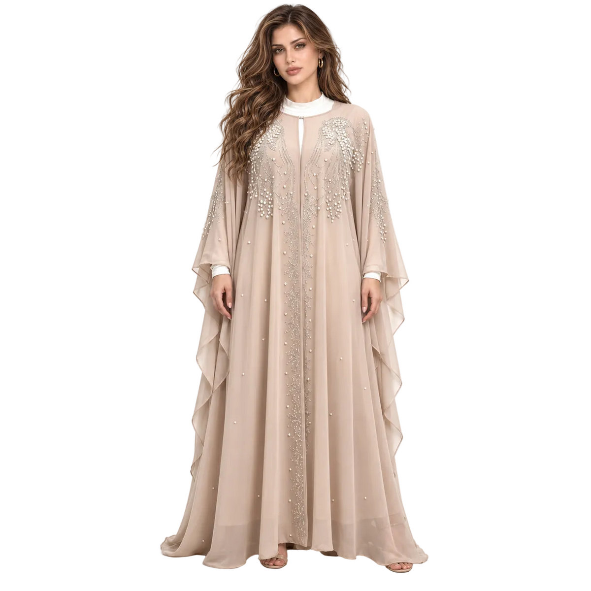Beige Pearl Embellished Chiffon Elegant Kaftan