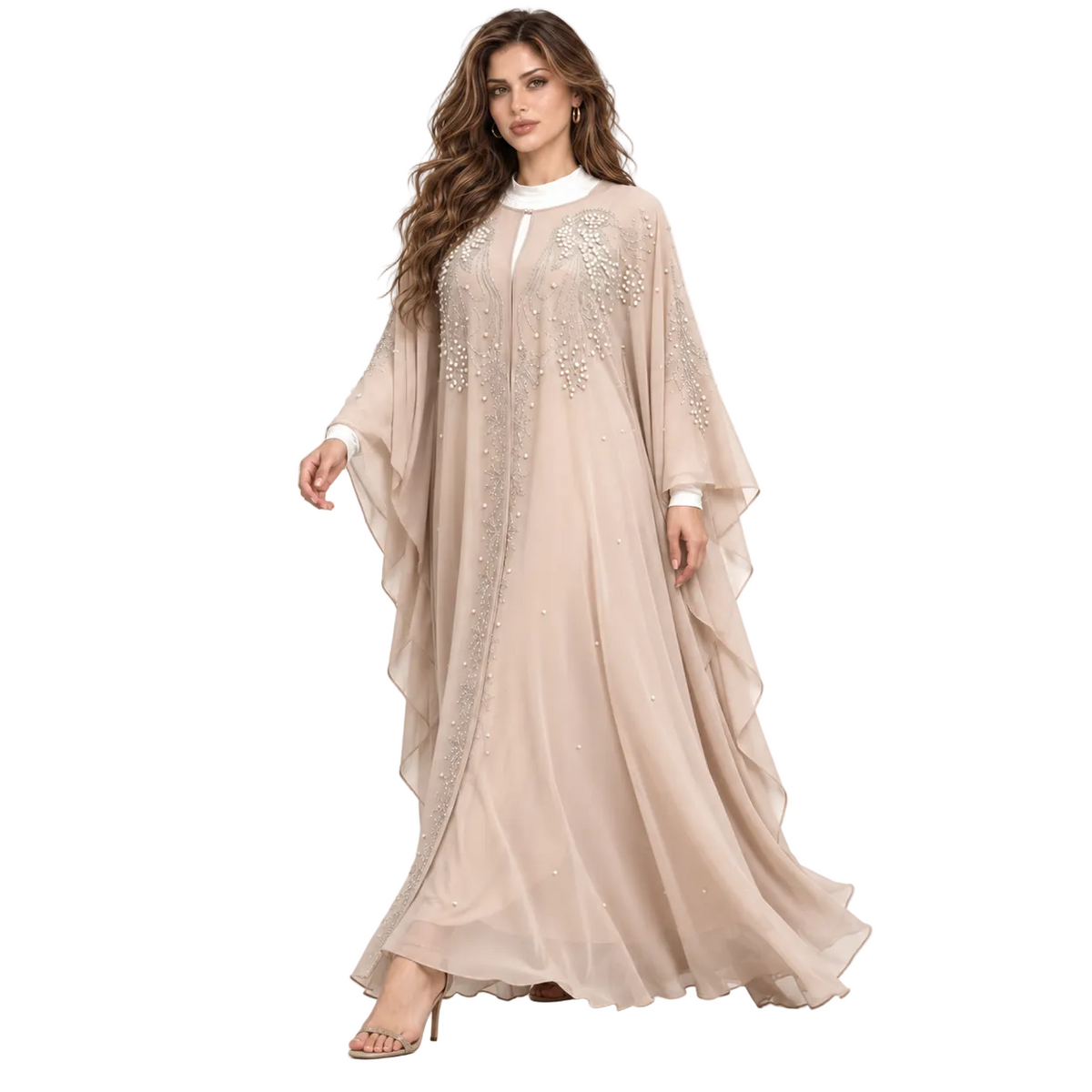 Beige Pearl Embellished Chiffon Elegant Kaftan