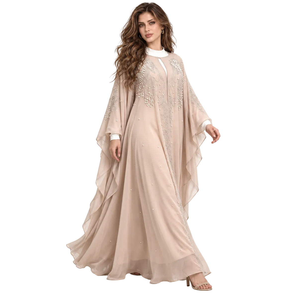 Beige Pearl Embellished Chiffon Elegant Kaftan