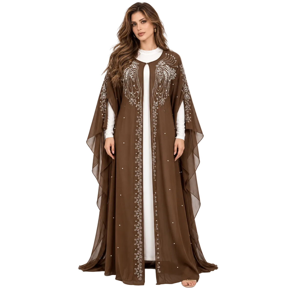 Coffee Embellished Flowing Evening Elegant Kaftan