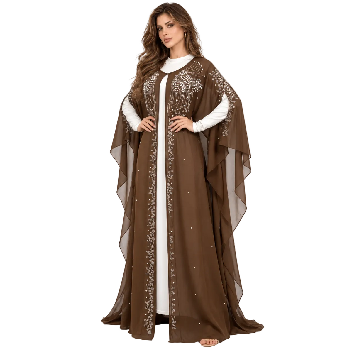 Coffee Embellished Flowing Evening Elegant Kaftan