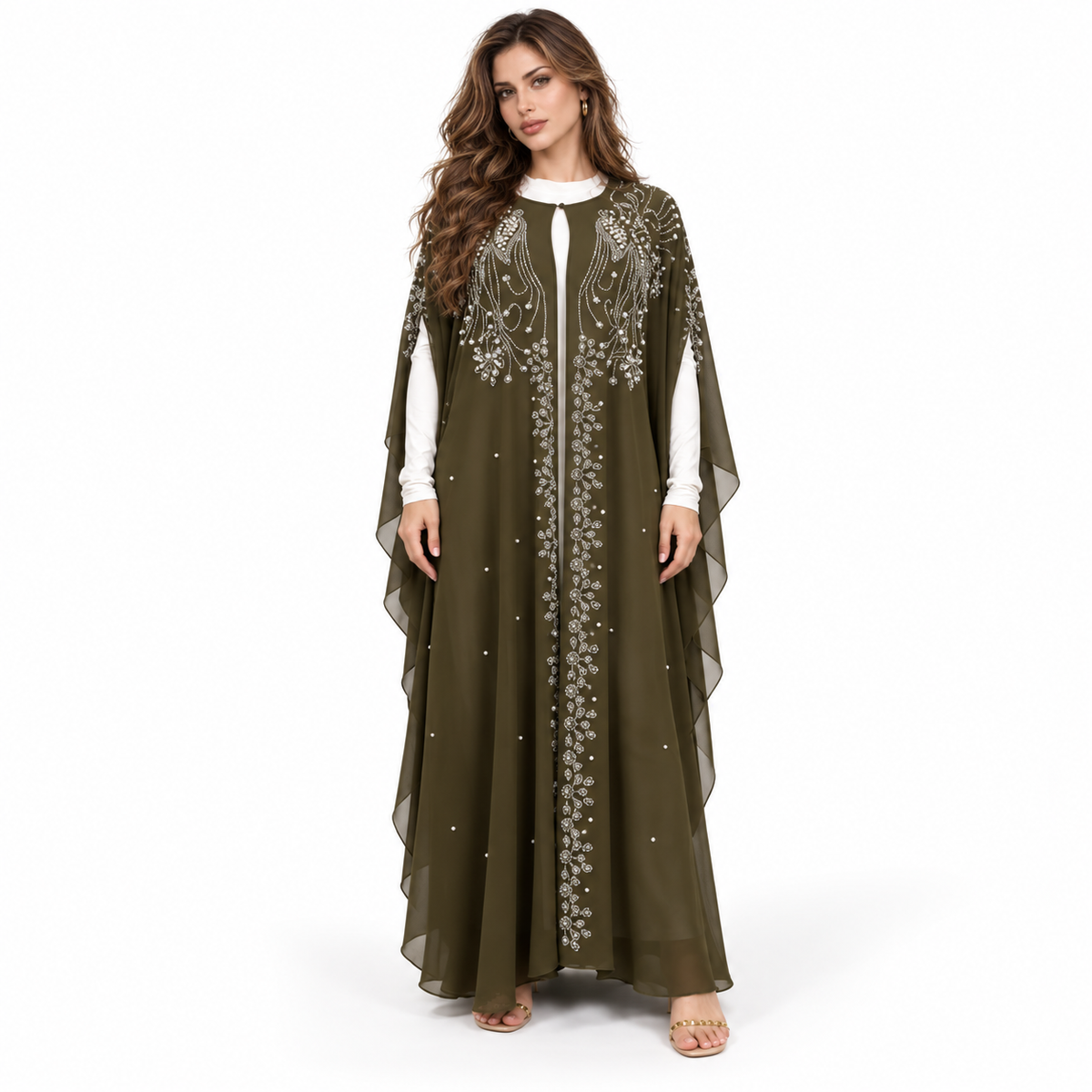 Green Embellished Butterfly Sleeve Elegant Kaftan