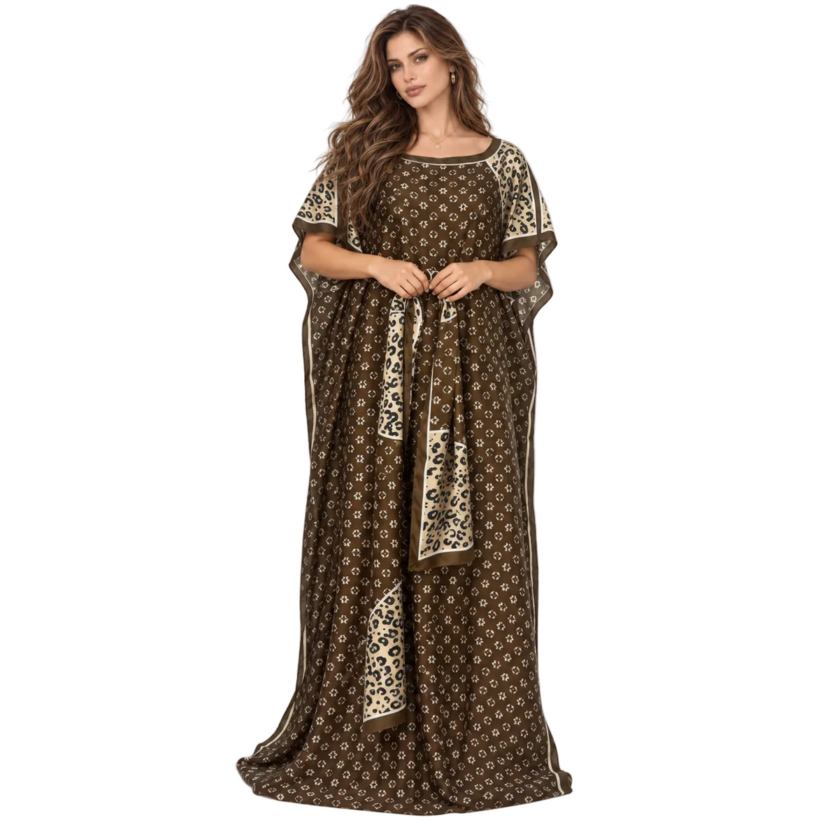 Brown Leopard Trim Printed Elegant Kaftan