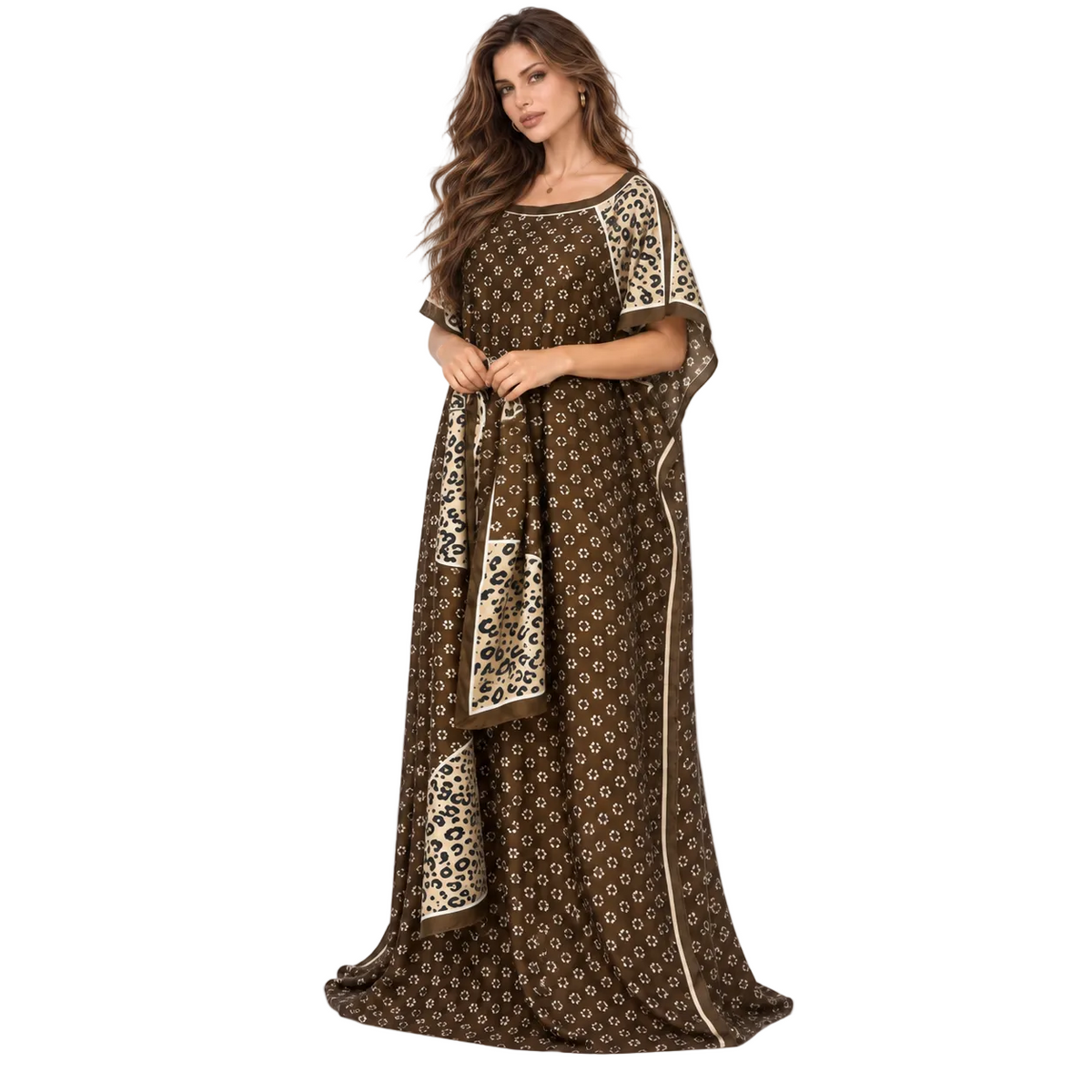 Brown Leopard Trim Printed Elegant Kaftan