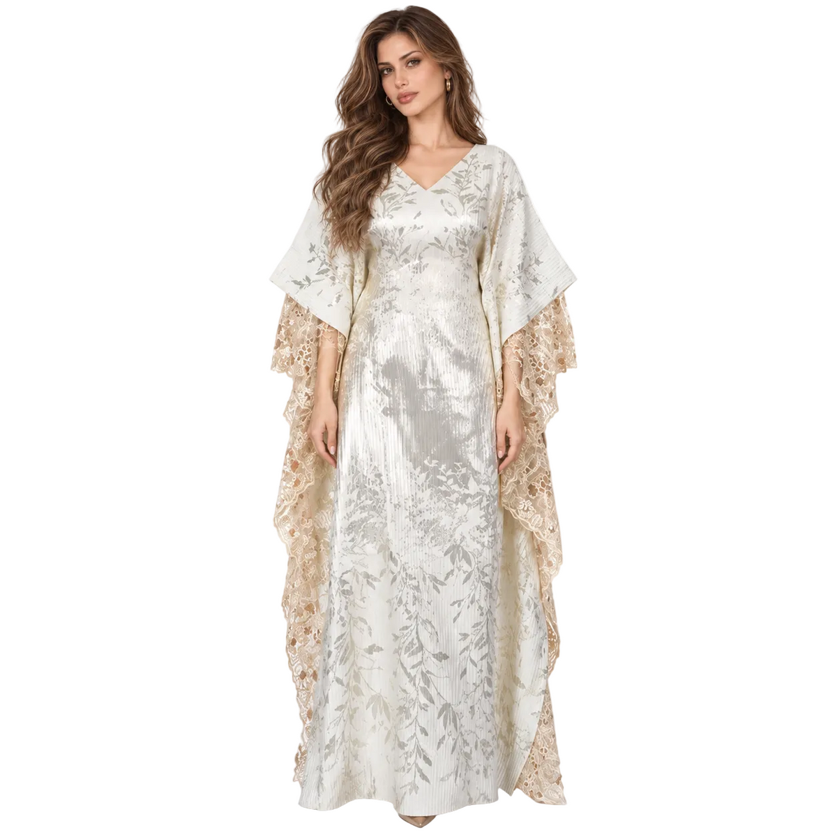 White Botanical Lace Sequin Elegant Kaftan