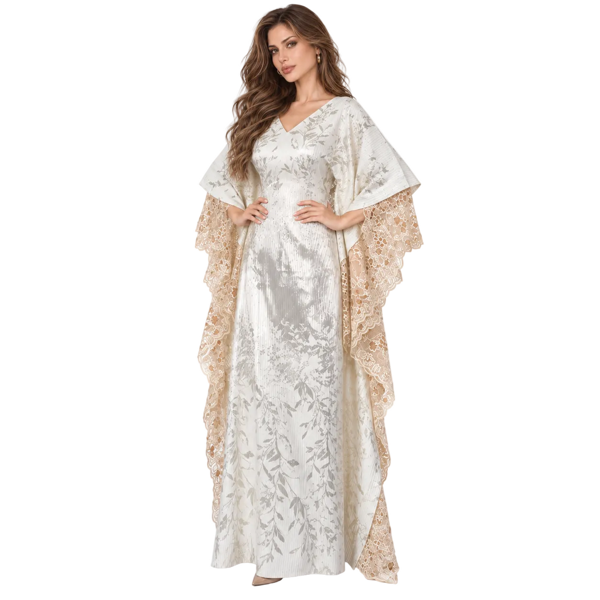 White Botanical Lace Sequin Elegant Kaftan