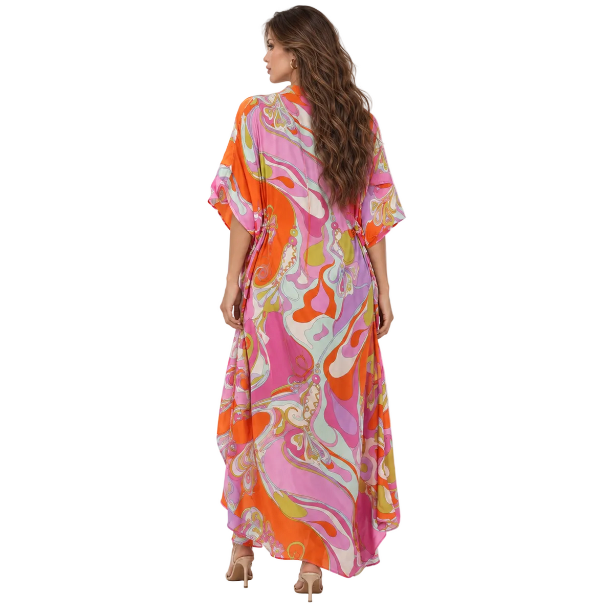 Pink Orange Swirl Print Elegant Kaftan