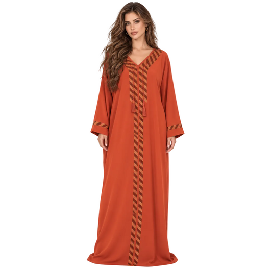 Orange Gold Trim Elegant Kaftan Dress