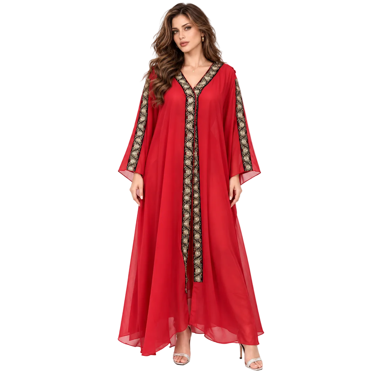 Red Gold Embroidered Chiffon Elegant Kaftan