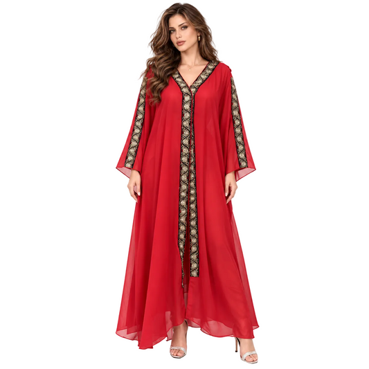 Red Gold Embroidered Chiffon Elegant Kaftan