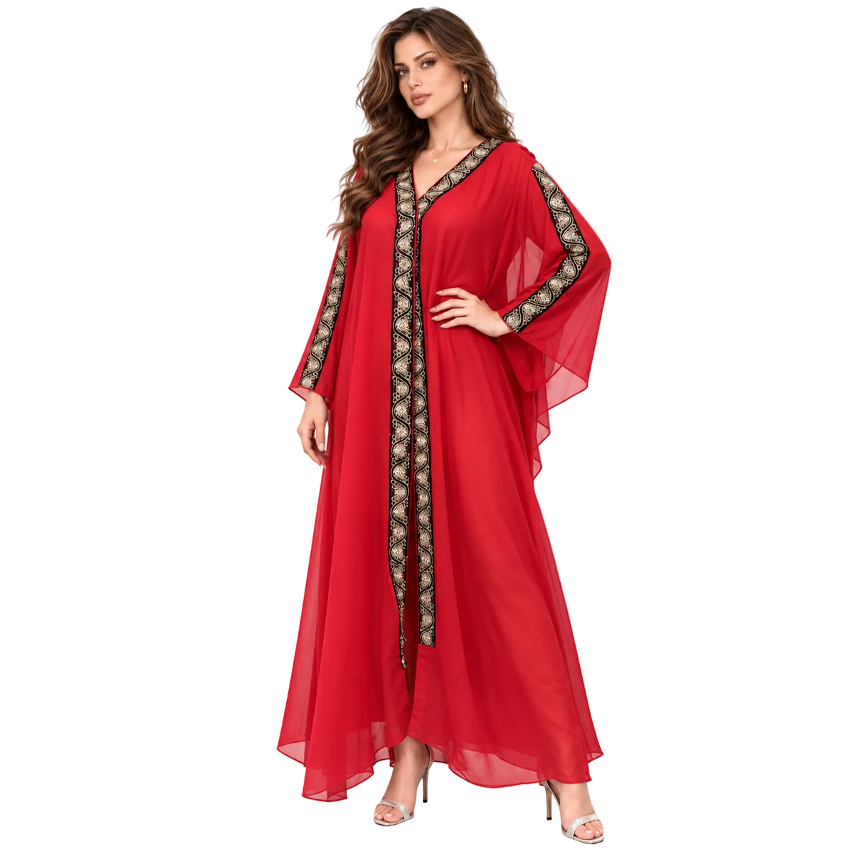 Red Gold Embroidered Chiffon Elegant Kaftan