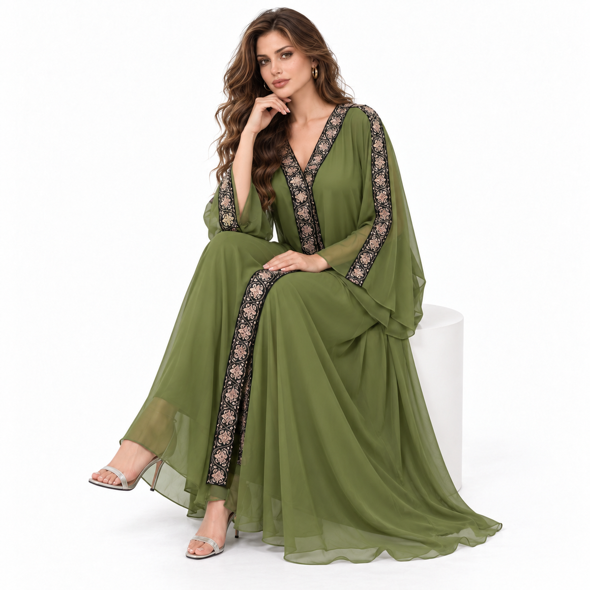 Green Embroidered Chiffon Hooded Elegant Kaftan