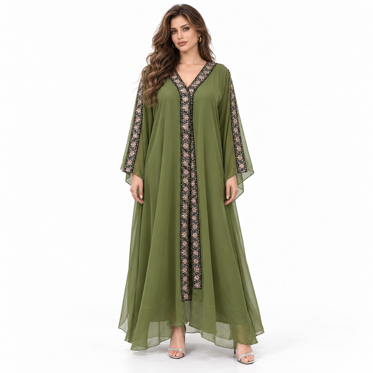 Green Embroidered Chiffon Hooded Elegant Kaftan