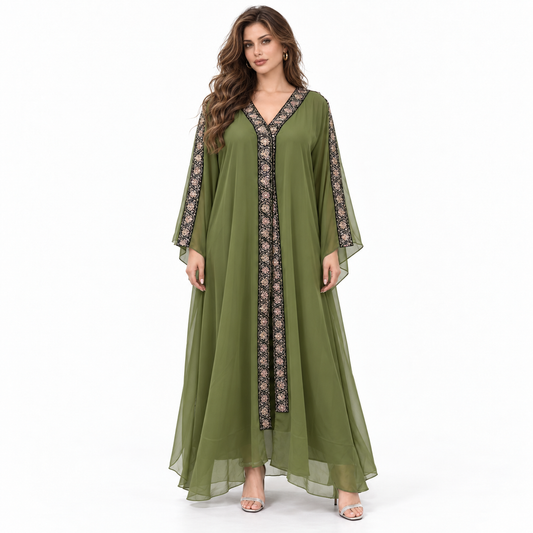Green Embroidered Chiffon Hooded Elegant Kaftan