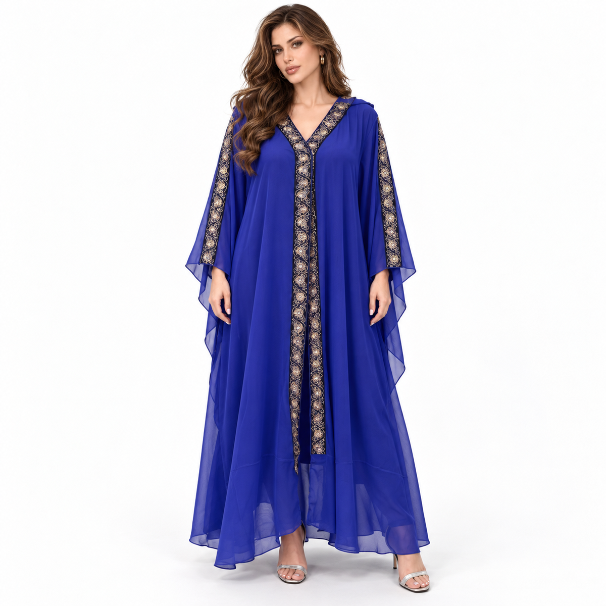 Royal Blue Embroidered Hooded Elegant Kaftan