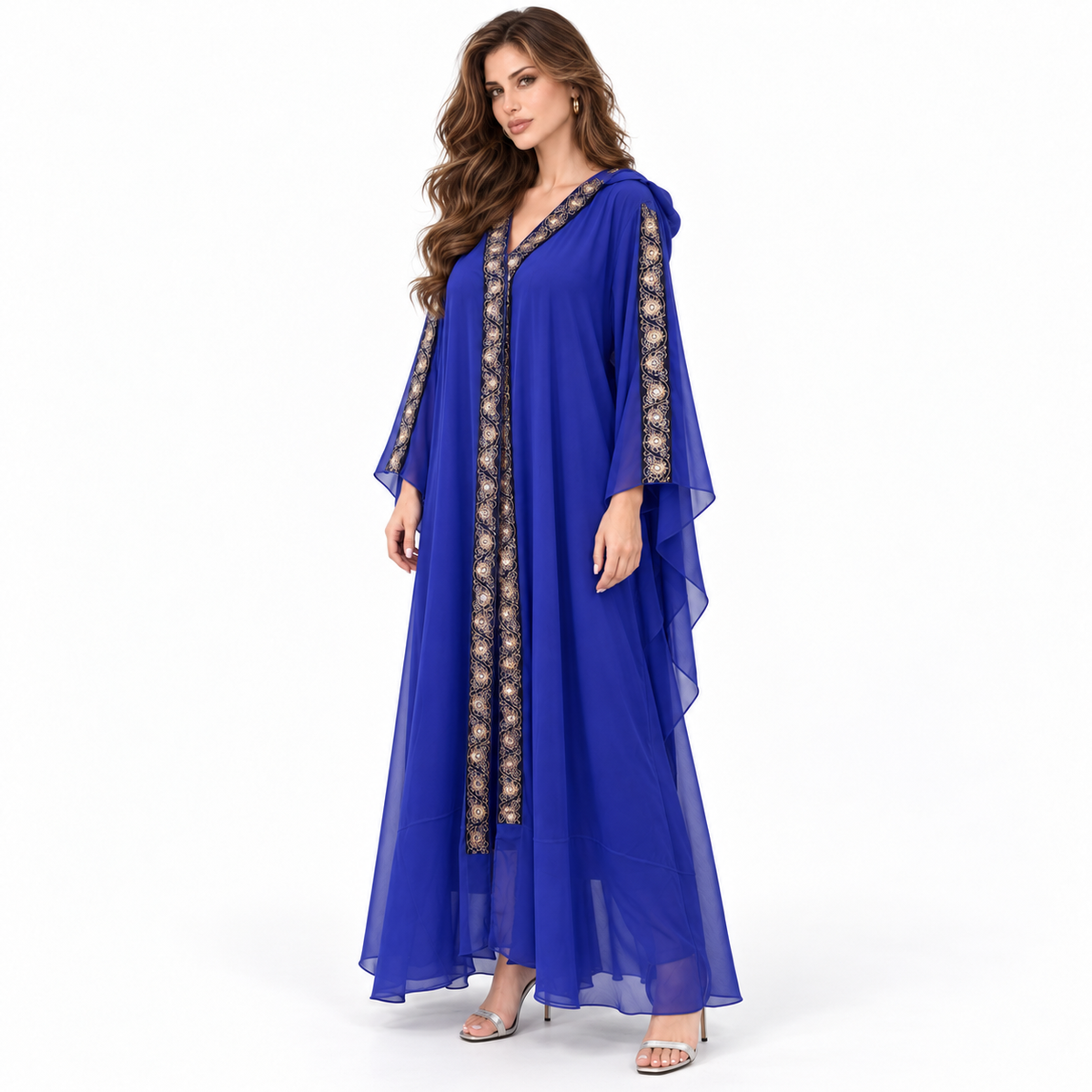 Royal Blue Embroidered Hooded Elegant Kaftan