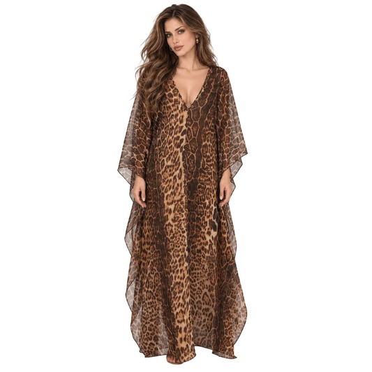 Brown Leopard Flowing Elegant Kaftan Dress
