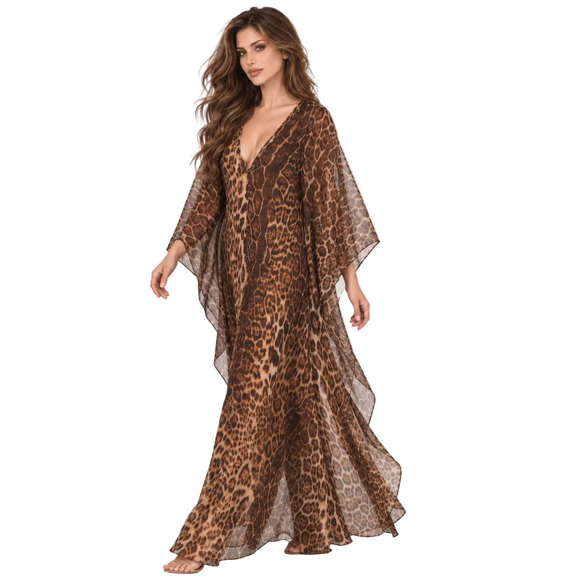 Brown Leopard Flowing Elegant Kaftan Dress