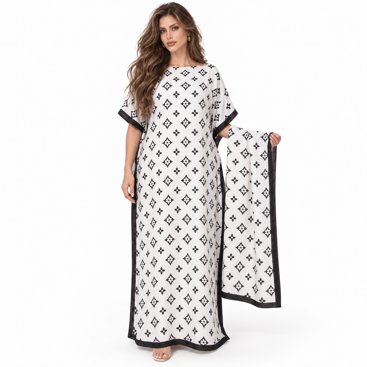 White Monogram Stole Elegant Kaftan Dress
