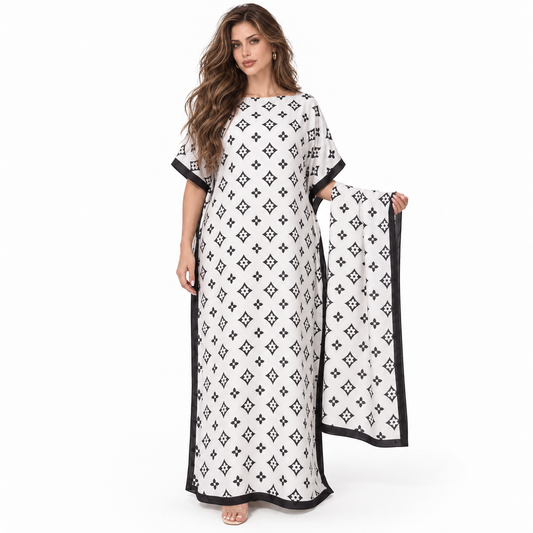 White Monogram Stole Elegant Kaftan Dress