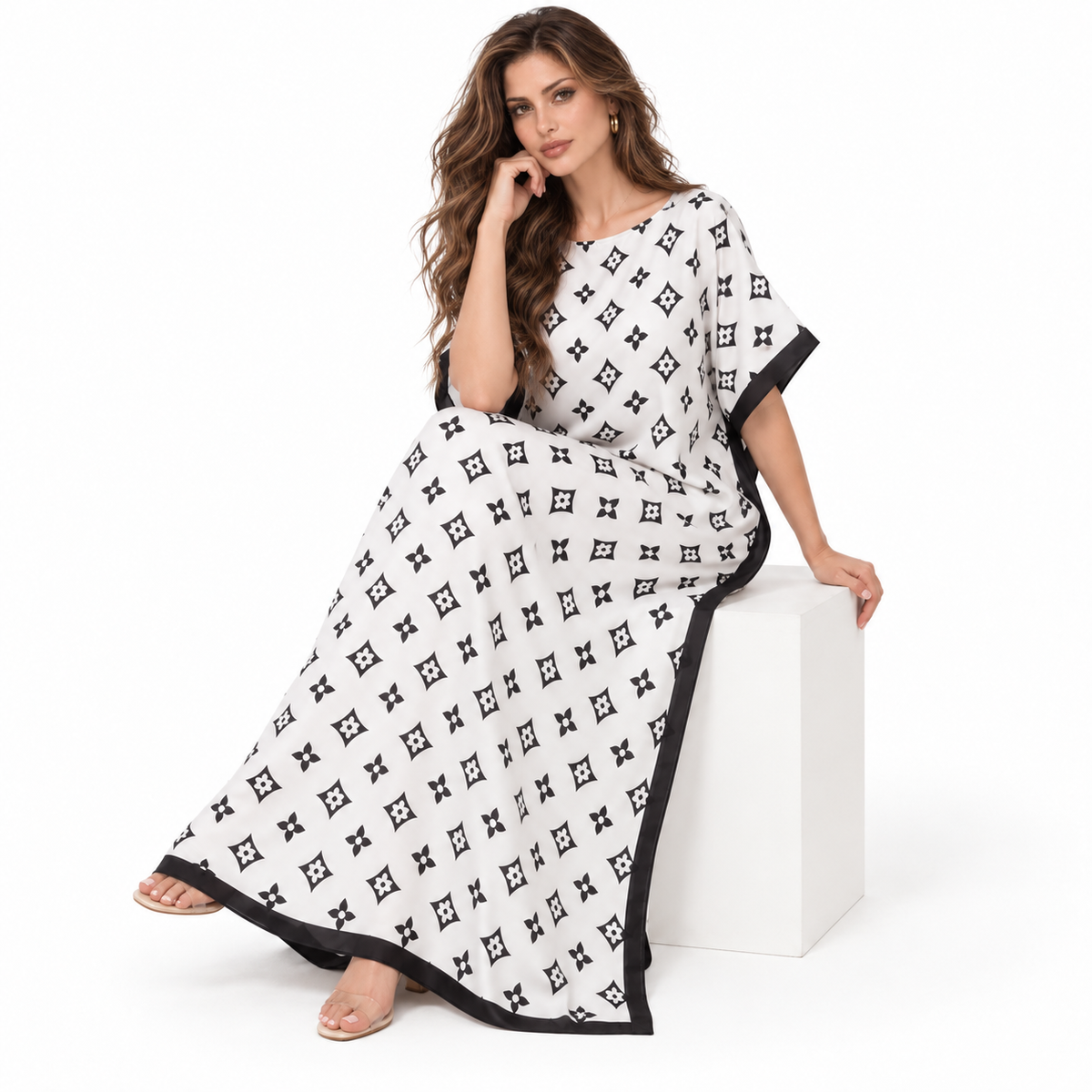 White Monogram Stole Elegant Kaftan Dress