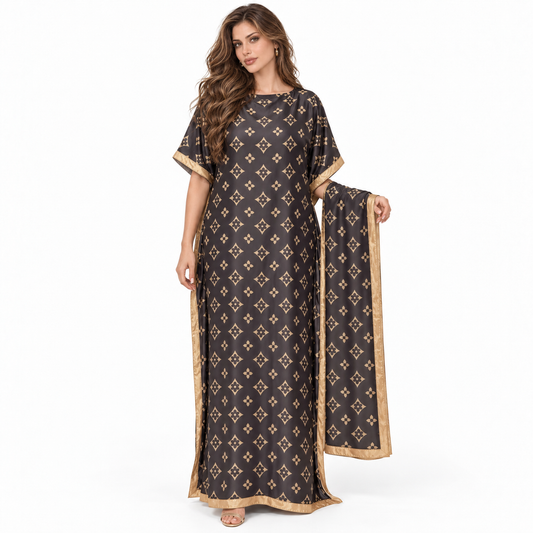 Brown Gold Print Stole Elegant Kaftan