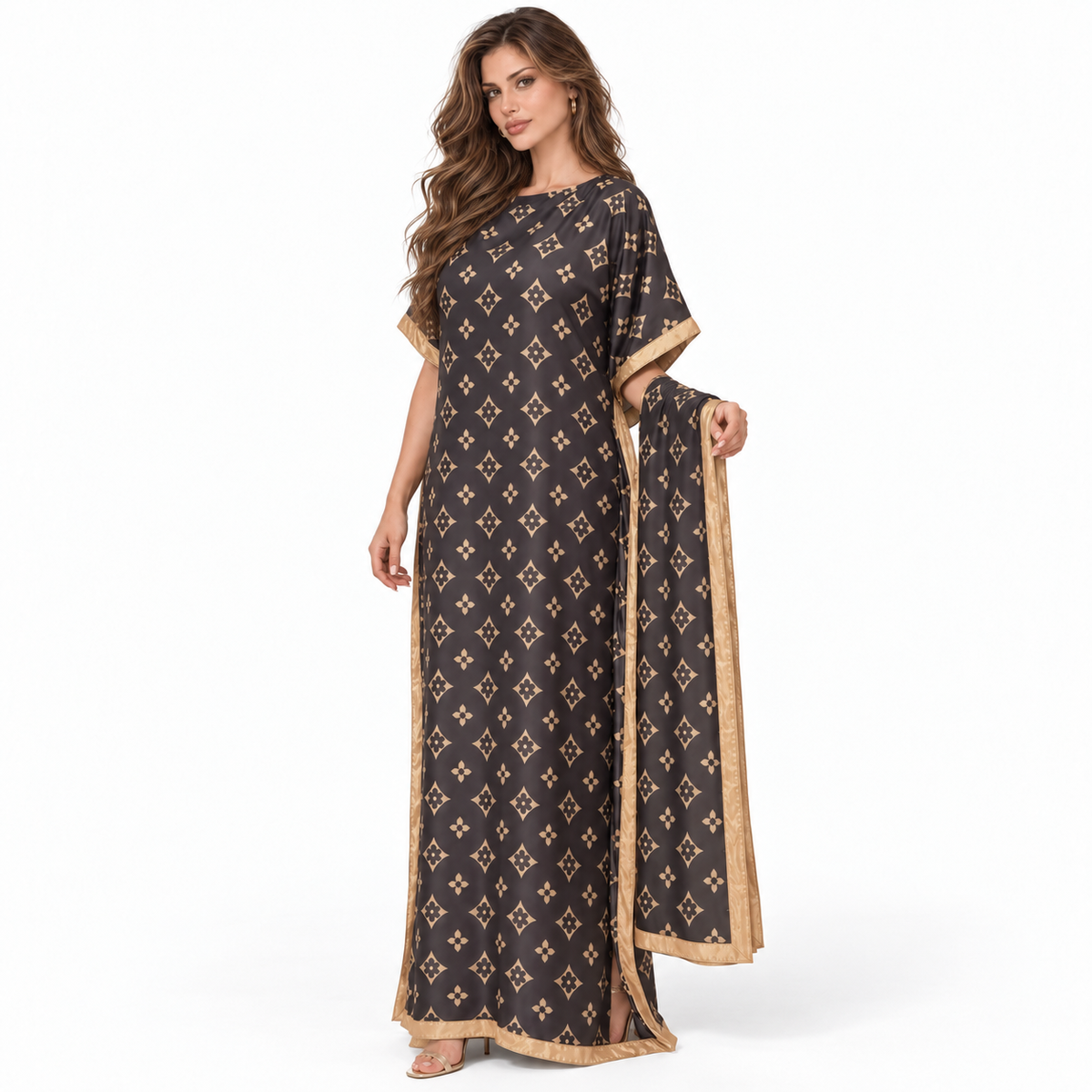 Brown Gold Print Stole Elegant Kaftan