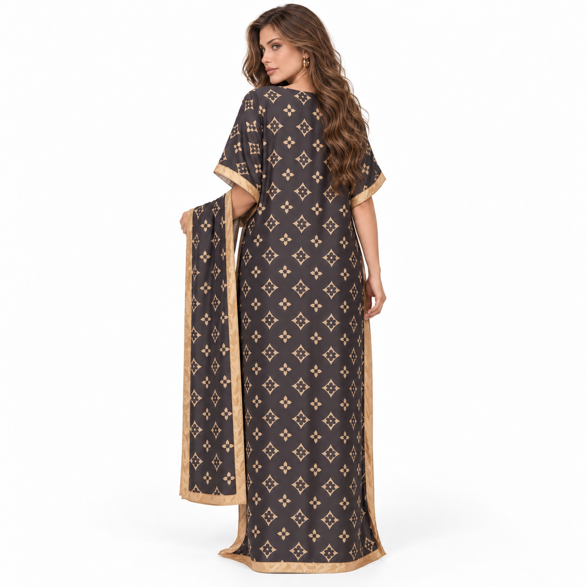 Brown Gold Print Stole Elegant Kaftan