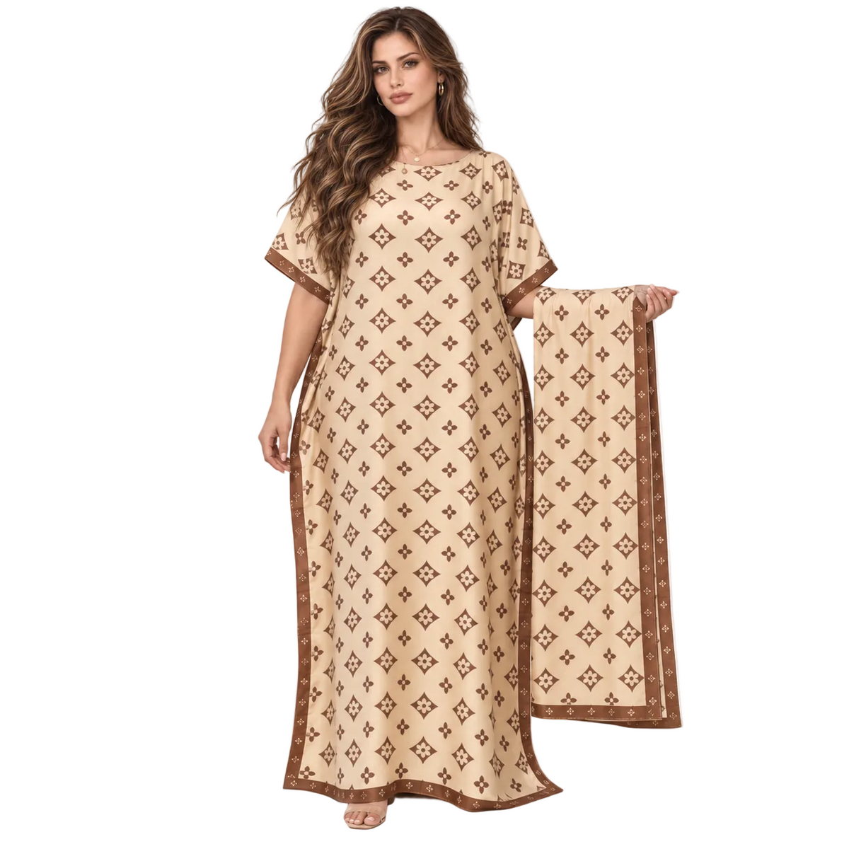 Khaki Geometric Print Stole Elegant Kaftan