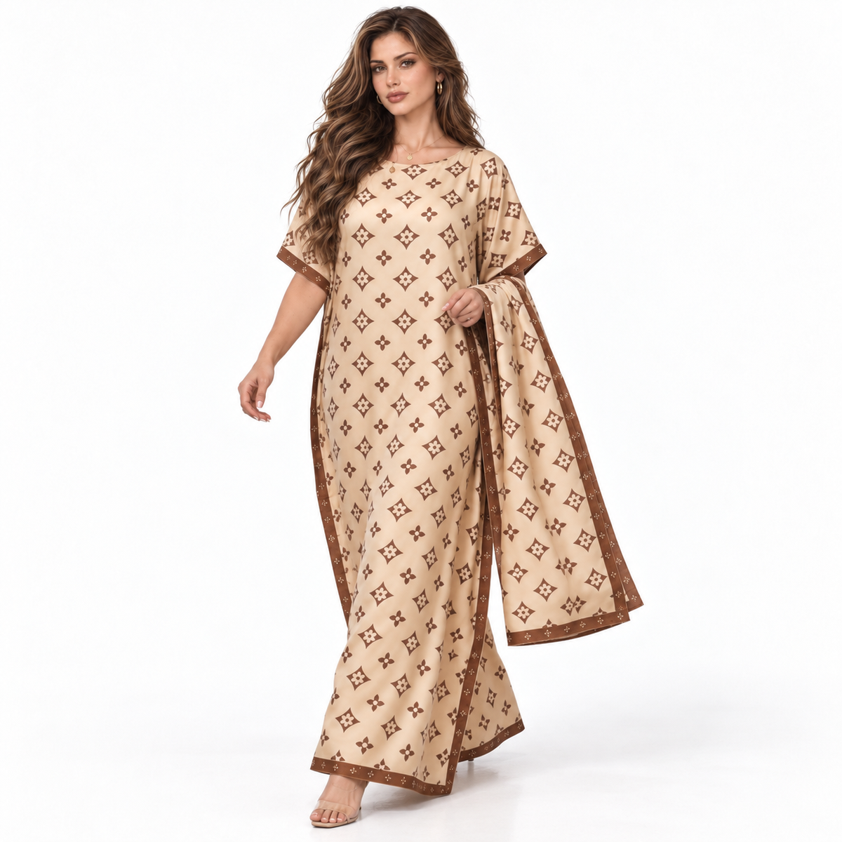 Khaki Geometric Print Stole Elegant Kaftan